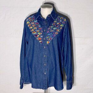 Harrington Rainbow Reveal Intentionally Distressed Western Style Denim shirt XL